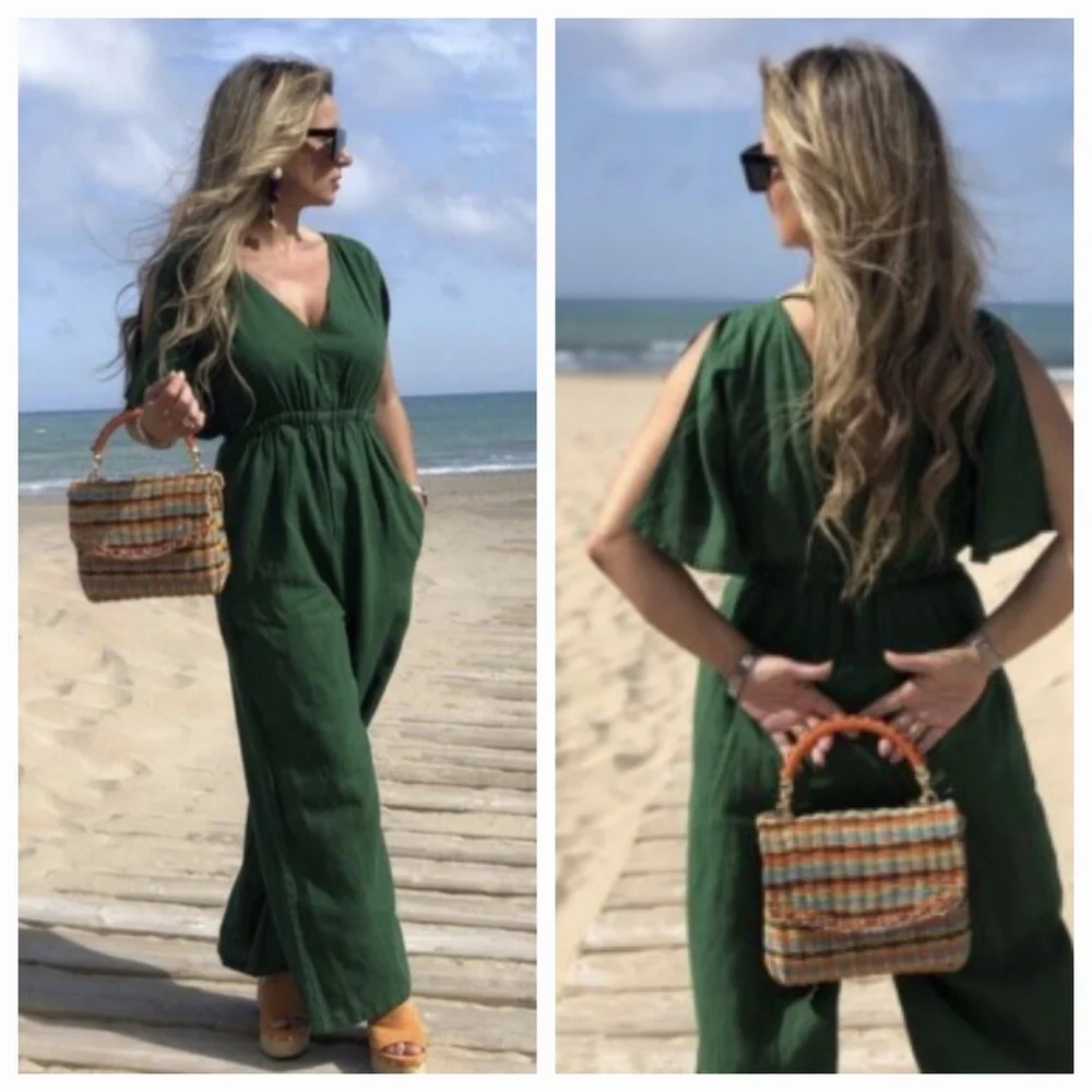 Zara Green Jumpsuit XS Rustic Linen Blend Wide Leg V-Neck Tie Back Short Sleeve